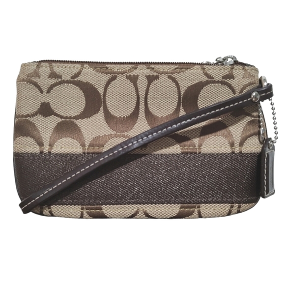 COACH Signature Stripe Small Wristlet Wallet Khaki Mahogany Brown F47790 - Picture 2 of 11